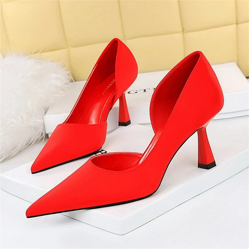 BIGTREE Fashion Simple Sexy Party Stripper Heels Satin Shallow Mouth Pointed Side Hollowed Out Single Shoes Wedding High Heels