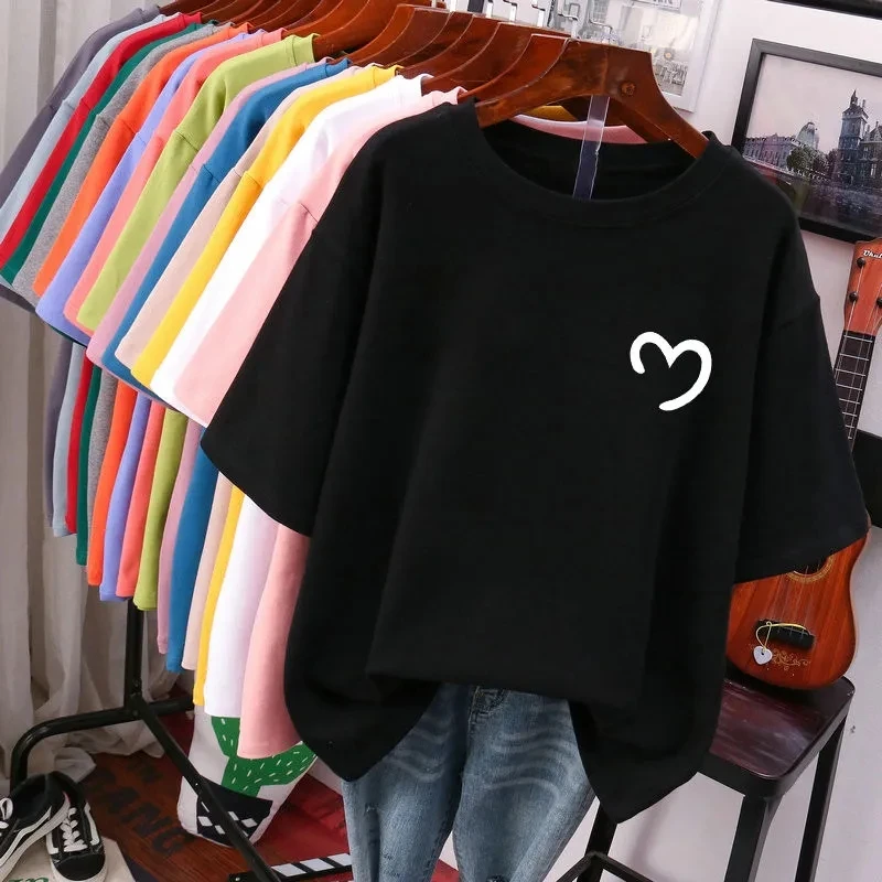 Plus Size 5XL 150KG Summer Cotton T shirt for Women Short Sleeve O Neck Femme Hearted tee Big Tops For Women Loose t shirt