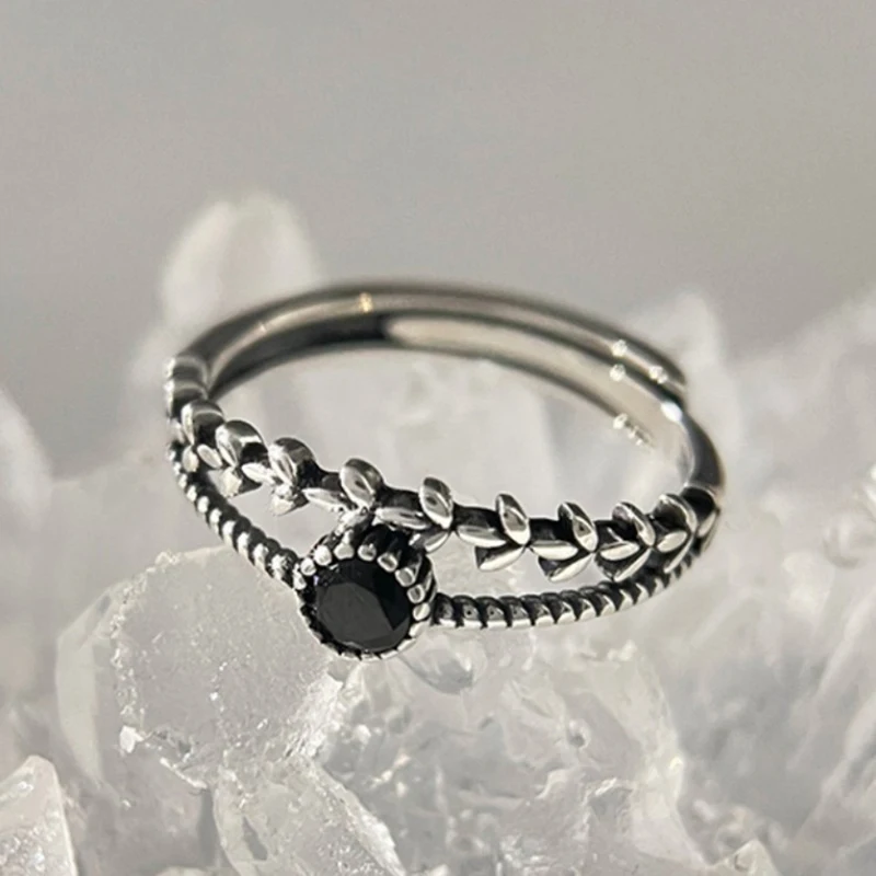925 Silver Open Finger Ring Black Stone Double Layers Geometric Stackable Leaf For Women Girl Jewelry Gift silver ring silver rings natural stone ring
