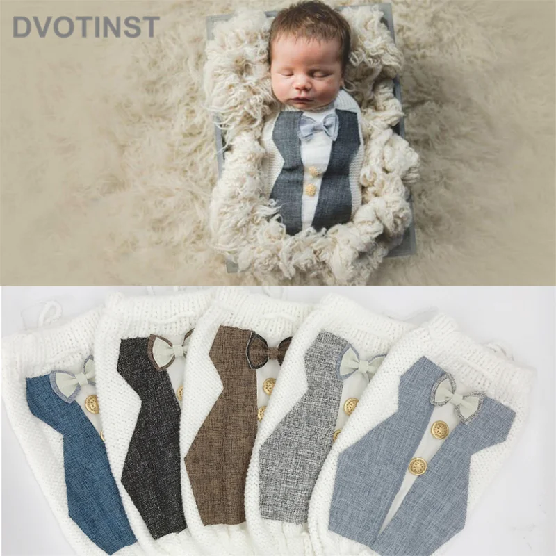 Dvotinst Newborn Photography Props Crochet Knit Gentleman Baby Posing Sleeping Bag Fotografia Accessories Studio Photo Props new bibs cotton waterproof baby bib gentleman tie baby scarf adjustable kids babador bandana infant accessories