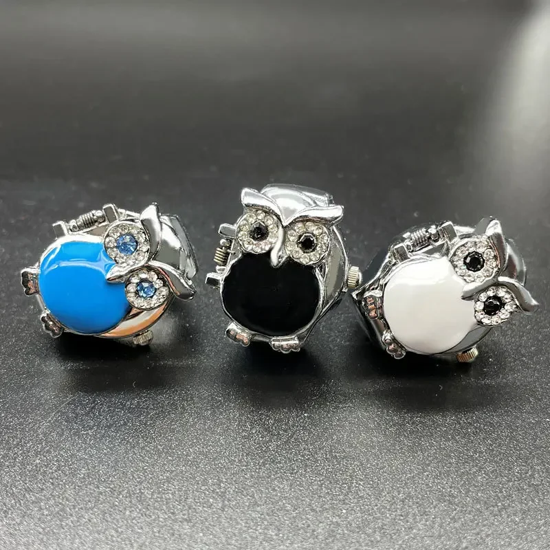 Rhinestone Owl Small Dial Quartz Analog Ring Watch Personality Clamshell Design Adjustable Clock Rings Women's Accessories Gifts 2