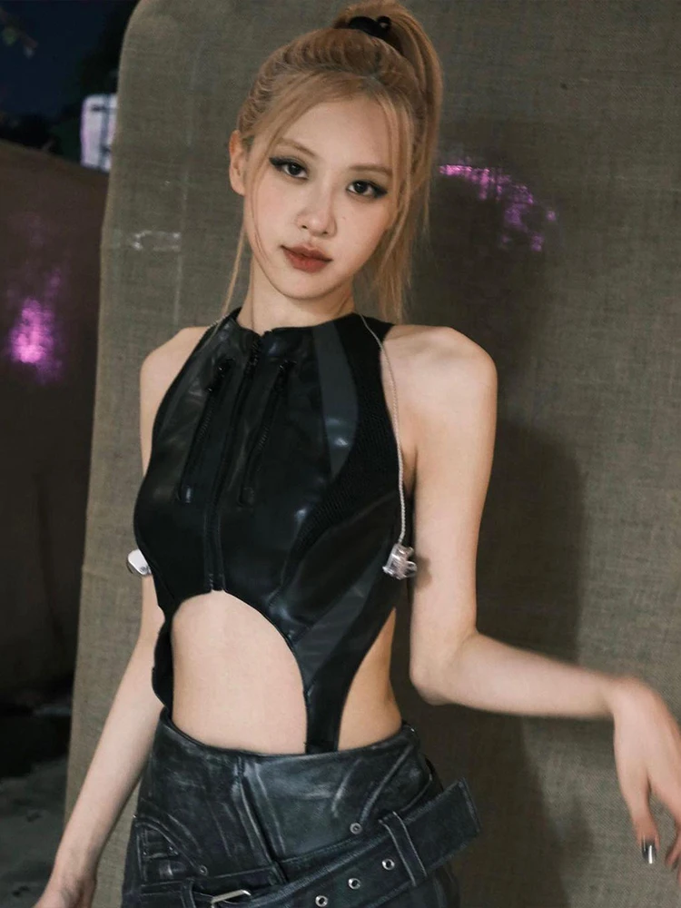 Nibber Zipper Sexy Bodysuit Women Faux Leather Patchwork Hollow Sleeveless o-Neck Waistless Midnight Music Festival Outfits