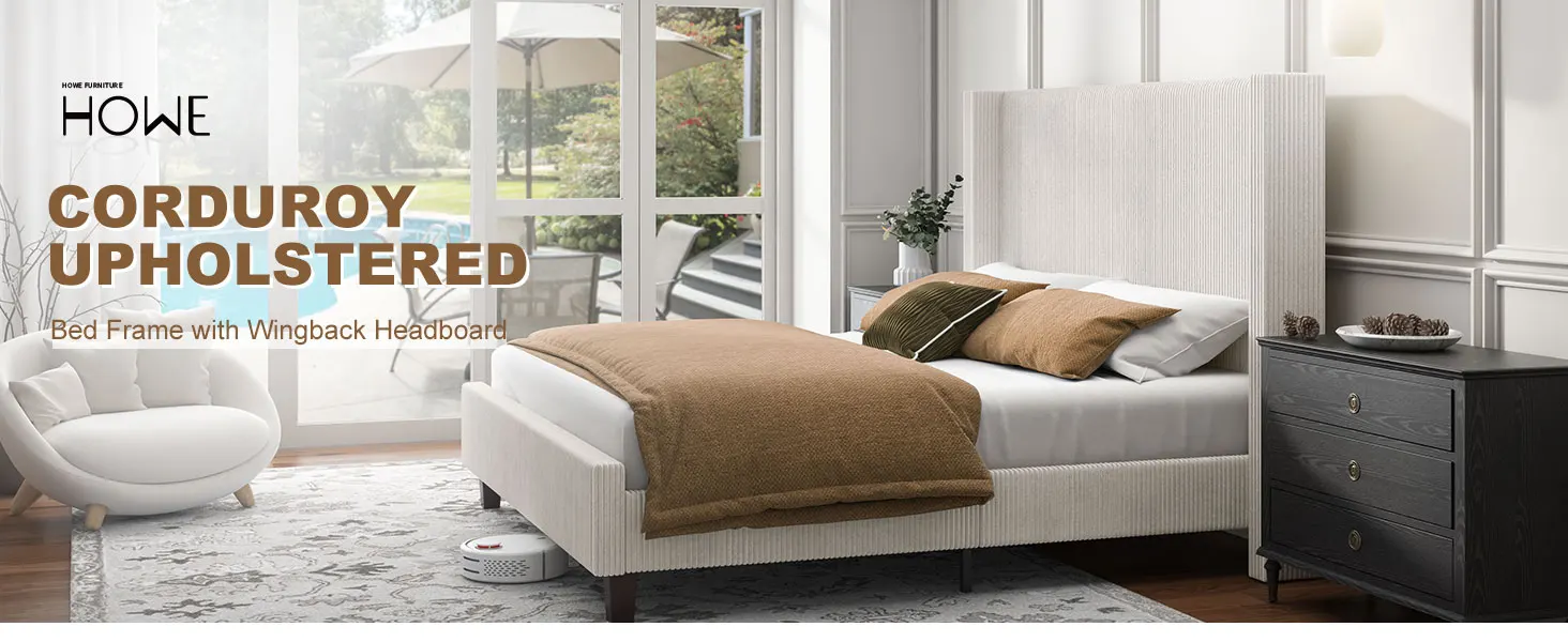 Description Picture 2 of itemHOWE Queen Size Upholstered Platform Frame,Wingback Bed with 50.8" Headboard,Corduroy/Solid Wood Leg/No Box Spring Needed/No