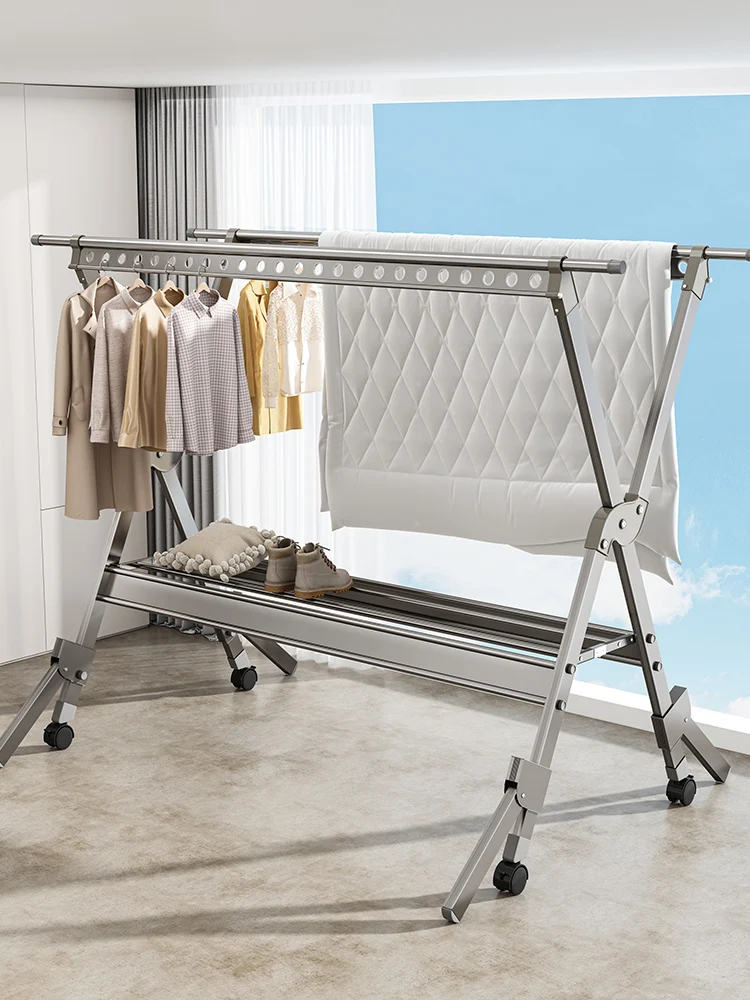 

Folding clothes rack floor indoor household balcony clothes rod outdoor telescopic clothes rack bask in the quilt artifact