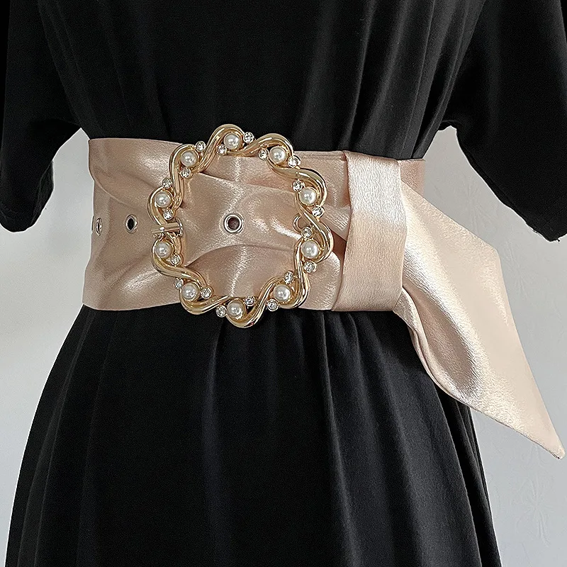 Silky Satin Wide Waistband For Female, Pearl Buckled Corset Belt, Chic Accessories For Women, Vintage Circle Belt,belt with bead