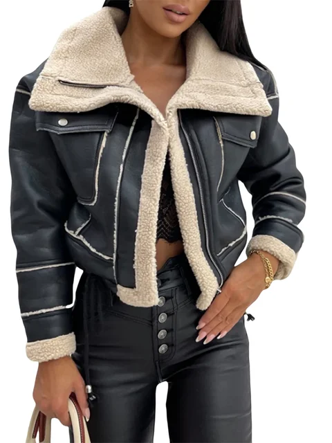 Women Winter Faux Leather Jacket Long Sleeve Lapel Fleece Linen Coat Zip Up Motorcycle Jacket Warm Outwear with Pockets