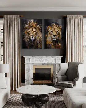 Lion King and Lioness Queen with Crown Bedroom Wall Art Canvas Painting Romantic Couple Bedroom Wall Art Poster for Home 2