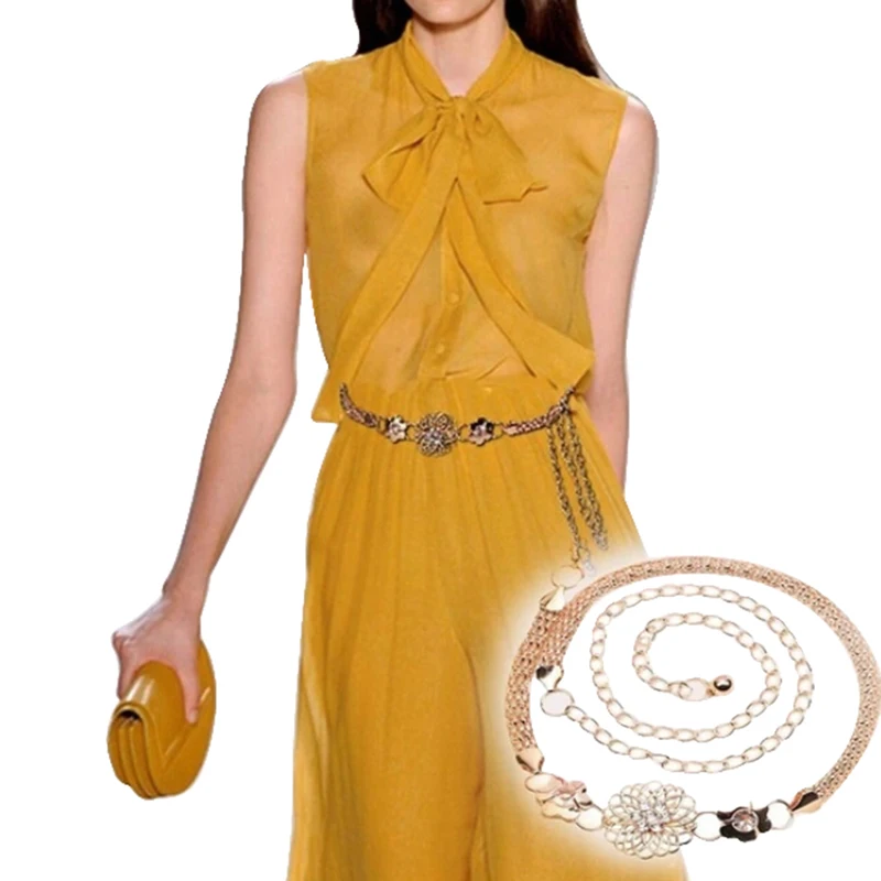 

1Pc Gold Embellished Diamond Flower Fashionable And Elegant Metal Waist Chain Belt With Gold Buckle Body Chain Dress Belt