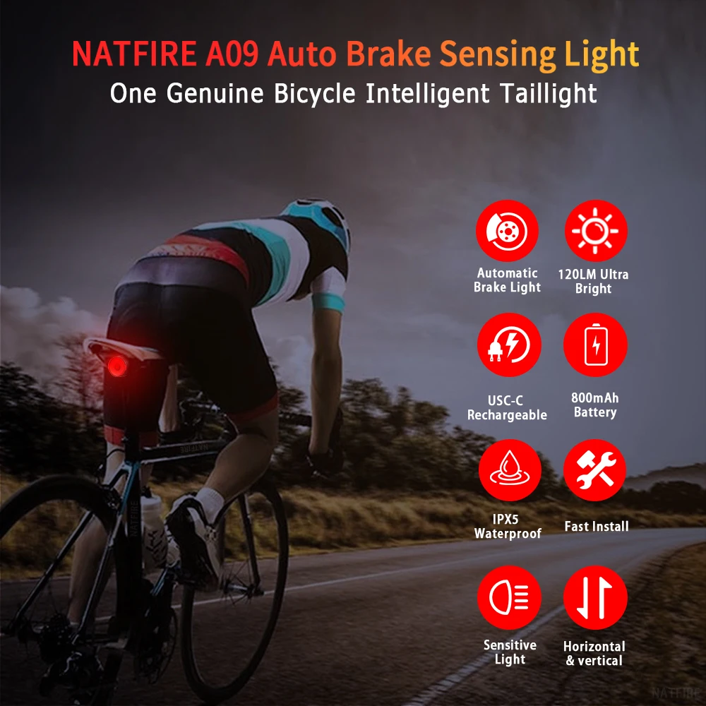NATFIRE A09 Bicycle Smart Auto Brake Sensing Light USB C Charging LED Cycling Taillight Bike Rear Light Warn Bicycle Taillight 3