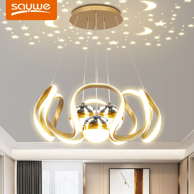 Dining Room Chandelier with Remote Control, Modern LED Ceiling Chandeliers with Star Sky Design