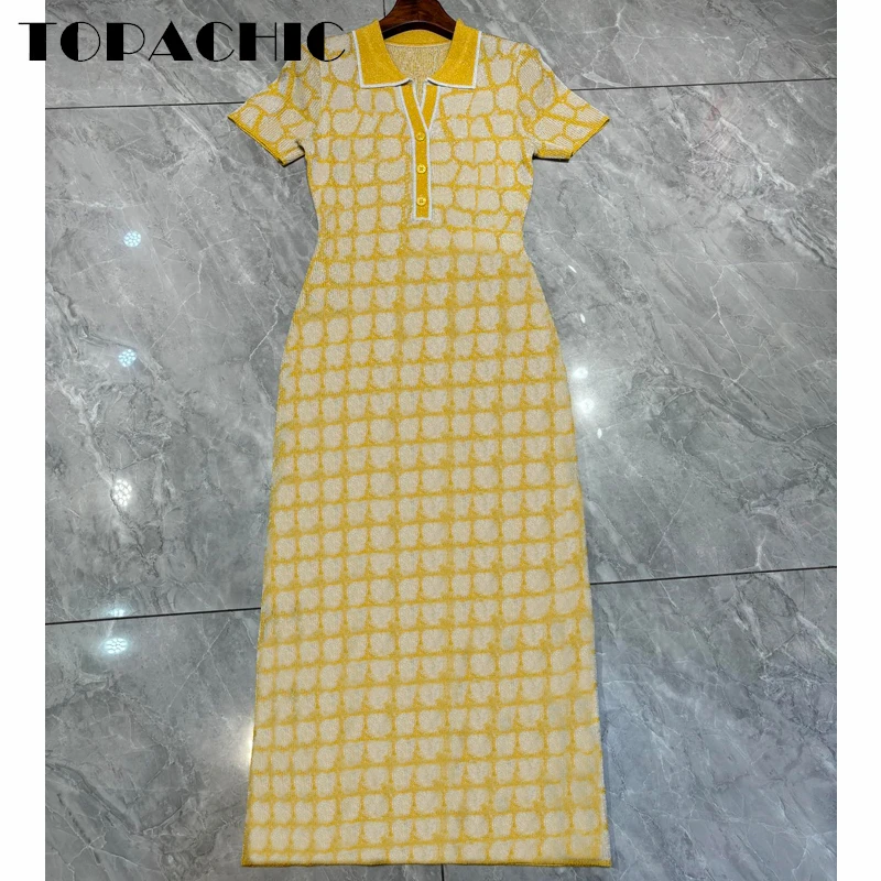 

1.22 TOPACHIC Women's Elegant Letter Jacquard Turn Down Collar Short Sleeve Stretch Knitted Midi-Length Dress
