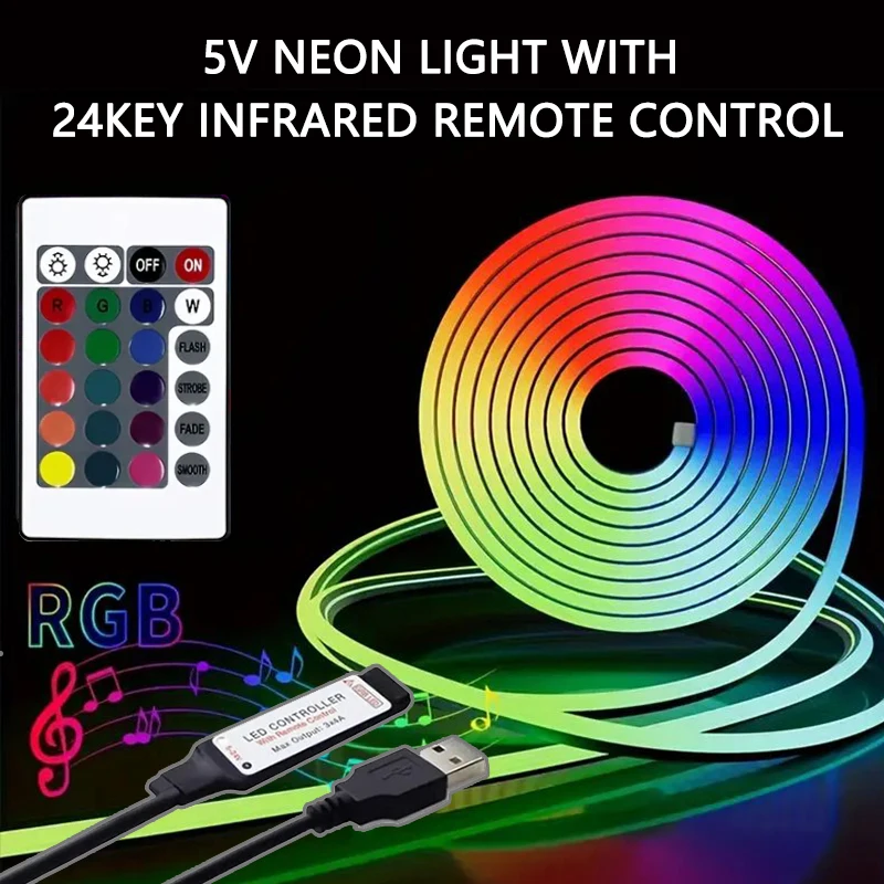 LED 네온 스트립 조명, USB 전원 음악 동기화, 24 키 원격 유연하고 방수, 실내 야외 장식 스트립 조명, 5V