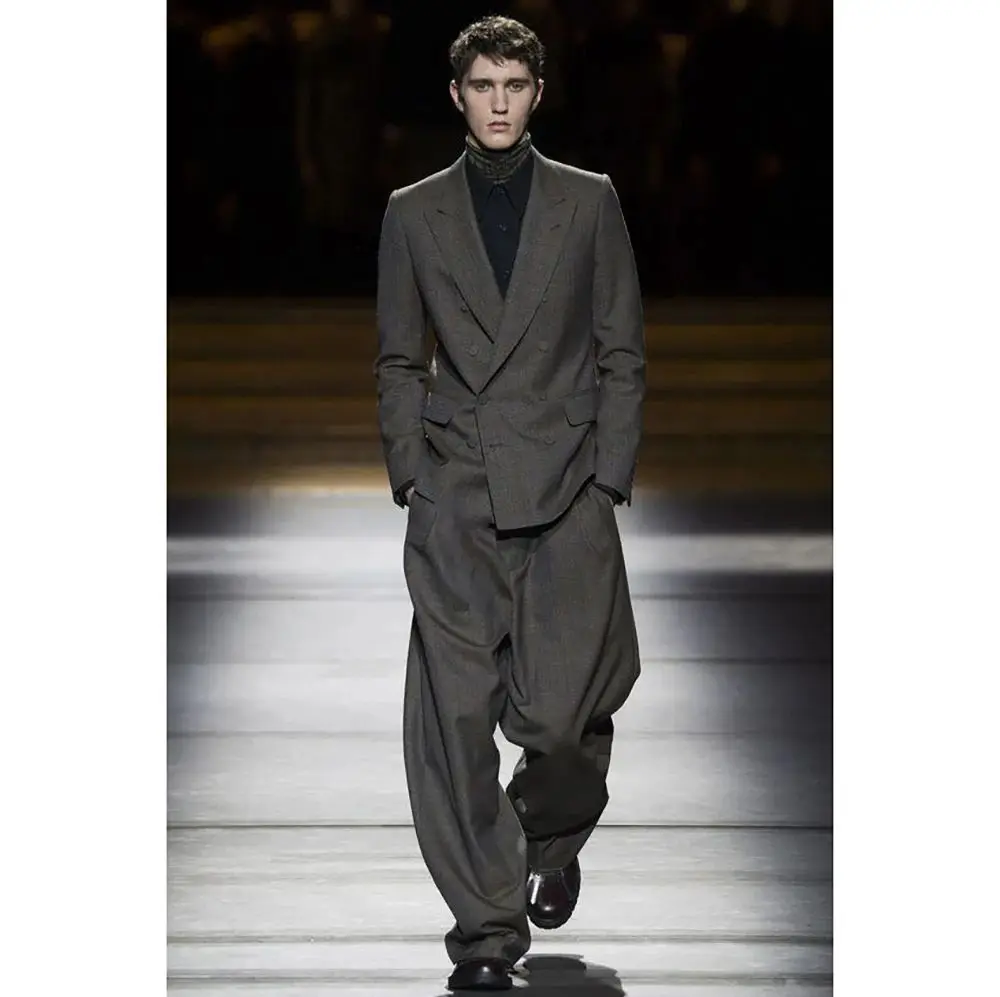 Mens Suits Casual Style Dark Gray Men's Suit 2 Pieces Double-Breasted Peak Lapel Tuxedo Daily Runway Show（Blazer+Pants）mens suits