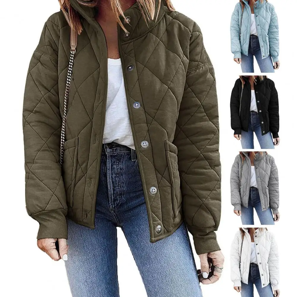 Women Down Coat Solid Color Lapel Long Sleeves Single-breasted Pockets Keep Warm Thick Elastic Cuff Lady Jacket for Daily Wear men coat solid color turn down collar windbreaker single breasted autumn jacket for daily wear