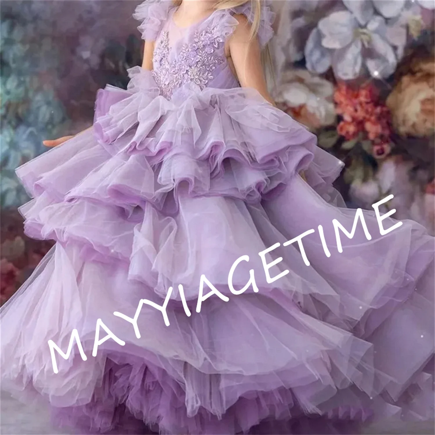 

Round Neck Sleeveless Appliqué Flower Girl Dress Ball Gown Princess Formal Elegant Child Party Dresses Full Of Layers Communion
