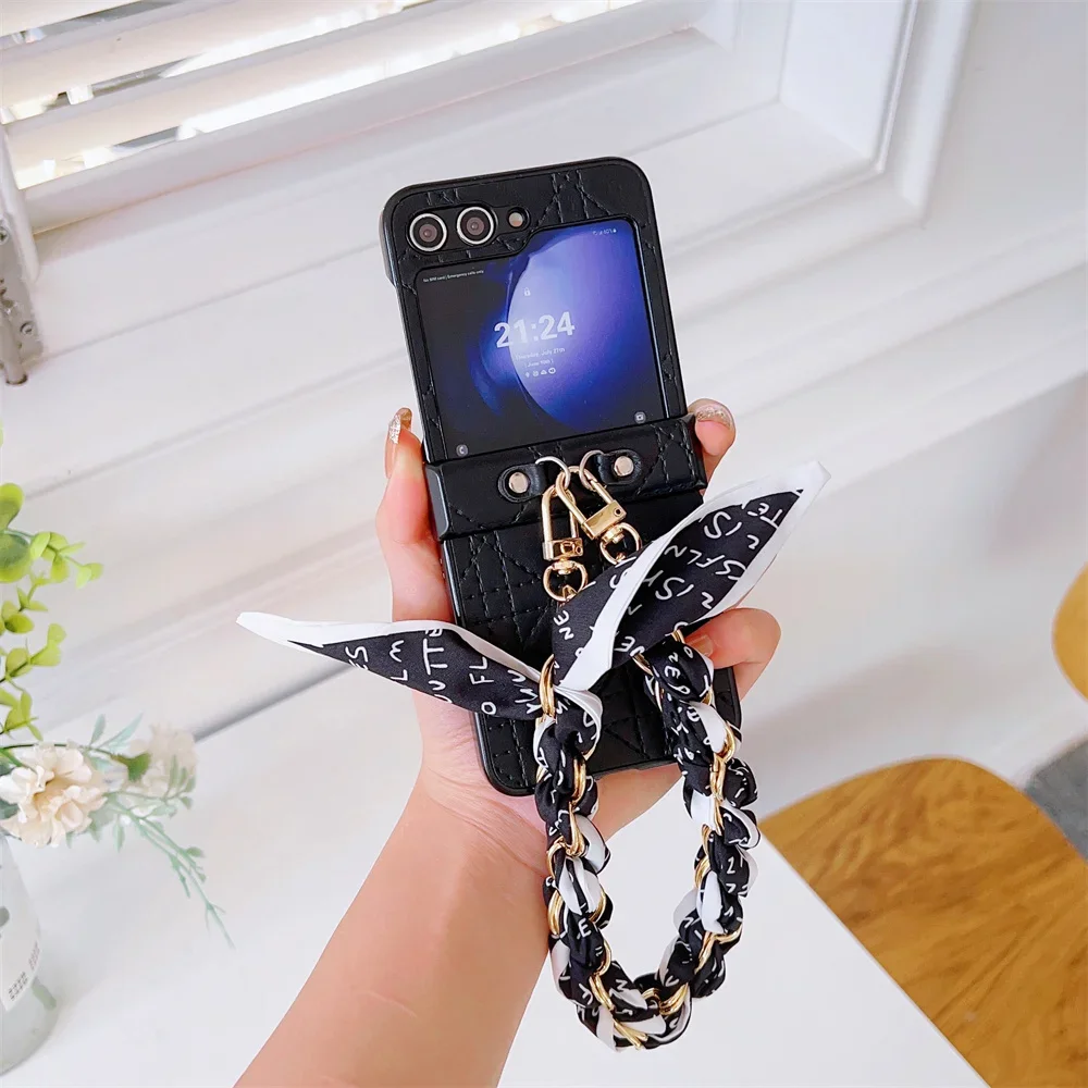 Elegant PU Leather Chain Silk Wrist Strap Phone Case - Shockproof Protective Cover