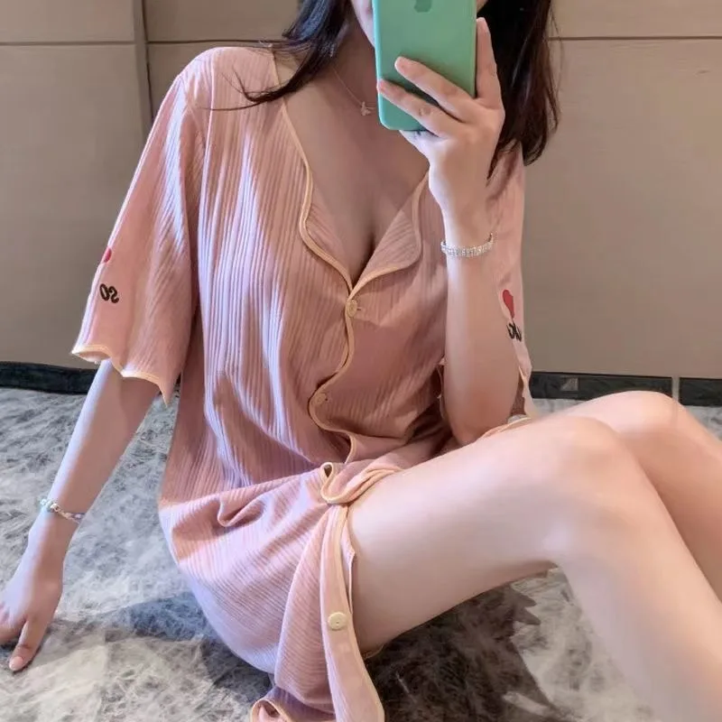 summer nightdress female Sexy pajamas thin Short sleeve MIDI style Pure cotton Button skirt Emotional appeal Home clothes