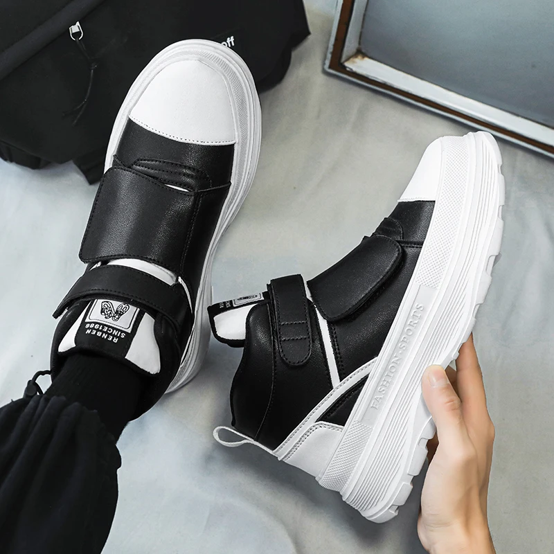 Autumn Men Casual Sneakers Leather Chunky Platform High-top Shoes Ankle Boots Magic Tape Sneakers Male Breathable Sport Shoes 44