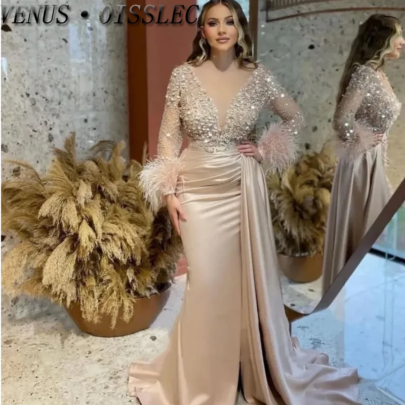 

Luxury Beaded Feathers Prom Dresses Long Sleeves Trumpet Mermaid Prom Gown Champagne Satin Arabic Women Party Evening Gowns 2023