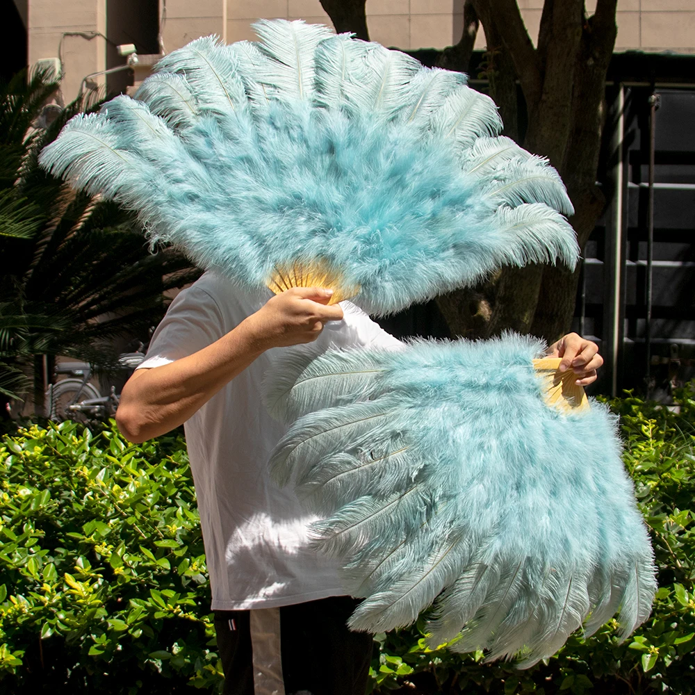 Light Blue Ostrich Feathers Small Fan Hand Held Folding 100CM Size Fans  Hand Fan for Performance Dance Party Carnival Show Prop