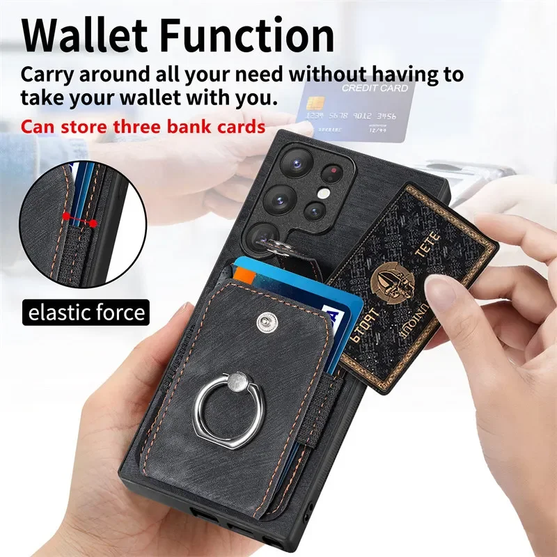Leather Phone Case with Magnetic Car Holder and Wallet Card Back Cover