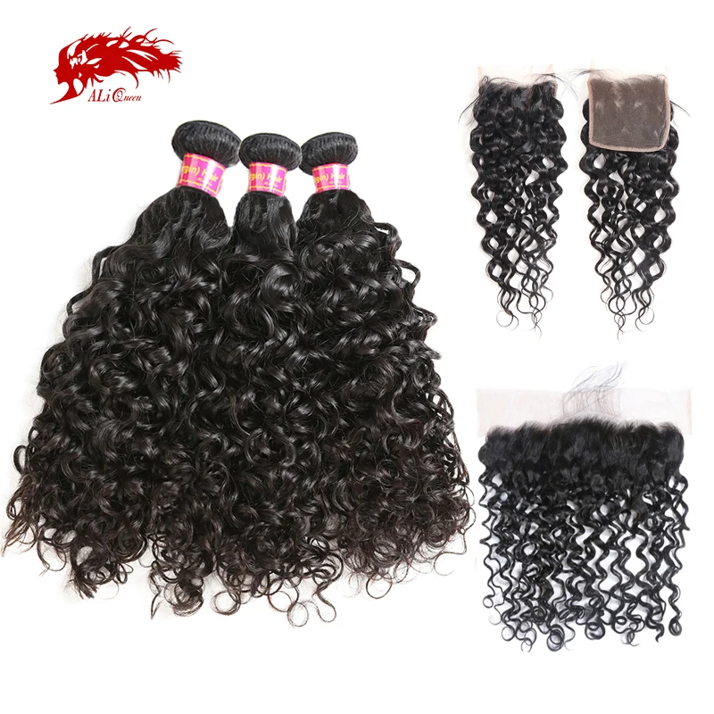 Ali Queen Water Wave Bundles With Closure Brazilian Virgin Hair 3/4pcs Hair Extension Weaves Human Bundles With Frontal