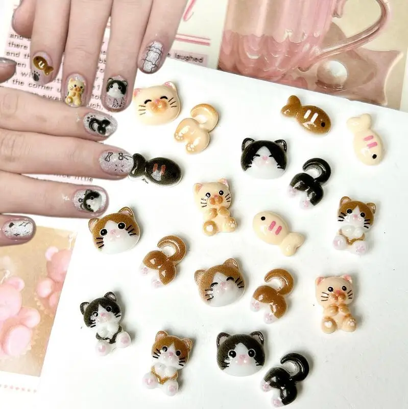 20개 귀여운 고양이 머리 모양 네일 아트 참, 야광 그림 작은 물고기 고양이 레진 네일 장식, DIY 헤어핀 네일용