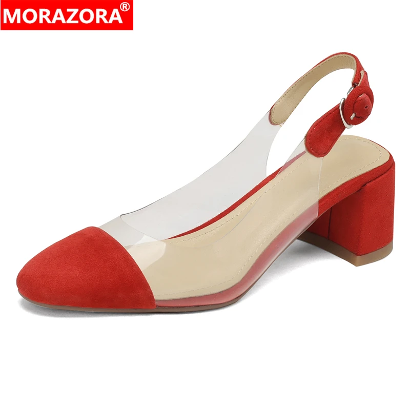 

MORAZORA Size 34-43 New Genuine Leather Shoes Women Sandals Square Heels Slingbacks Suede Pvc Summer Ladies Party Wedding Shoes