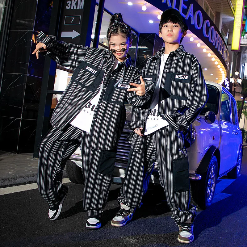 

Kids Black Striped Sets Denim Hip Hop Clothing Casual Shirt Jacket Baggy Pants Children Streetwear Girl Boy Jazz Dance Costumes