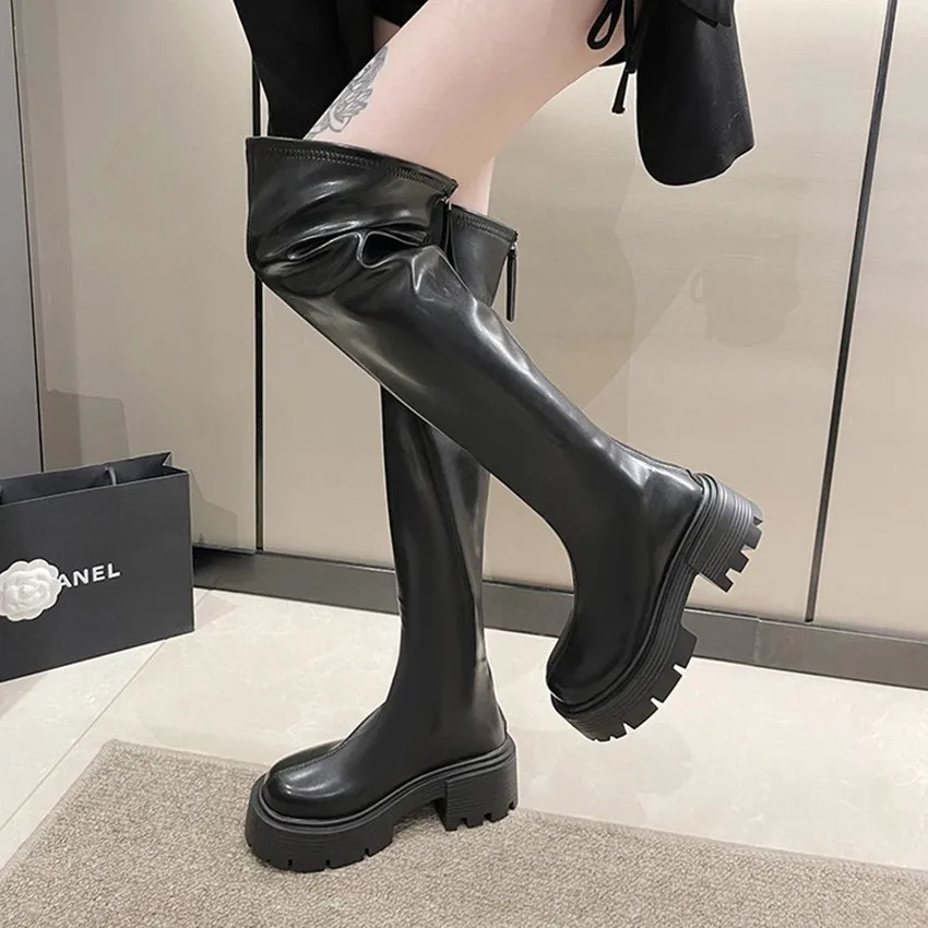 2024 NEW Shoes Woman High Heels Platform Leather High Boot Shoe Black Winter Booties Fashion Women Motorcycle Heel Casual Boots