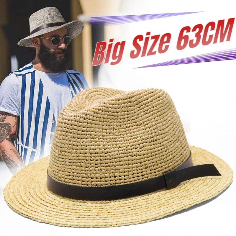 

2024 New Plus Size 63CM Lafite Grass New Panama Straw Hat Men's and Women's Sunscreen Sun Hat Four Seasons Beach Sunshade Hat
