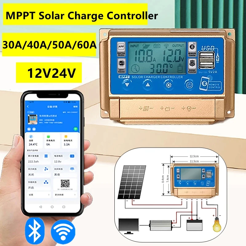 블루투스 태양 전지 패널 컨트롤러, USB 디지털 디스플레이 LCD 화면, 12V, 24V, MPPT 태양 전지 패널 배터리 충전 컨트롤러, 30 A, 40 A, 50 A