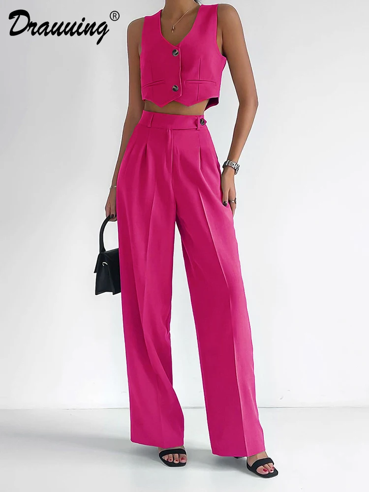 

Drauuing Sleeveless Top Wide Leg Summer Pant Sets For Women Fashion Office Lady Vest 2 Pieces Sets Wide Leg Outfits For Women