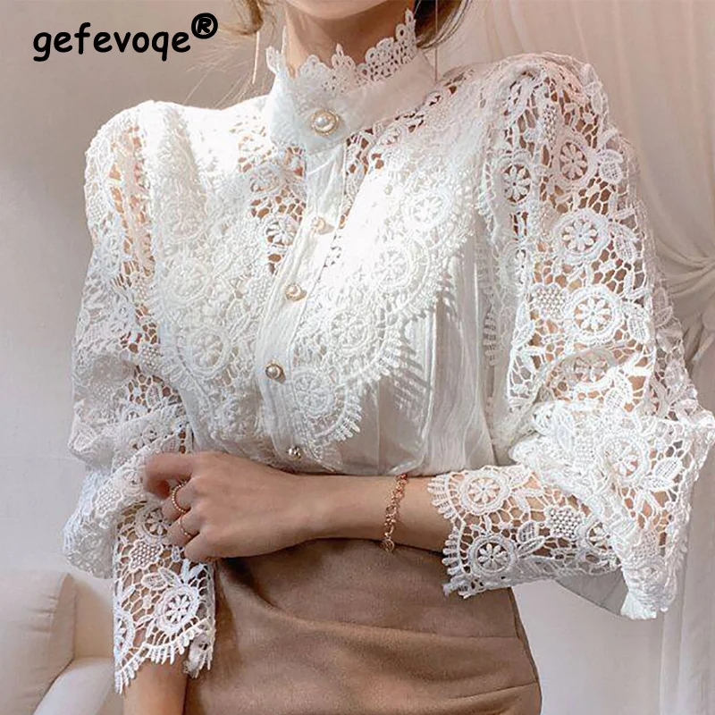 

Spring Autumn Stand Collar Lace Hollow Out Shirt Lady Long Sleeve Elegant Fashion All-match Blouse Button Up Cardigan Top Women