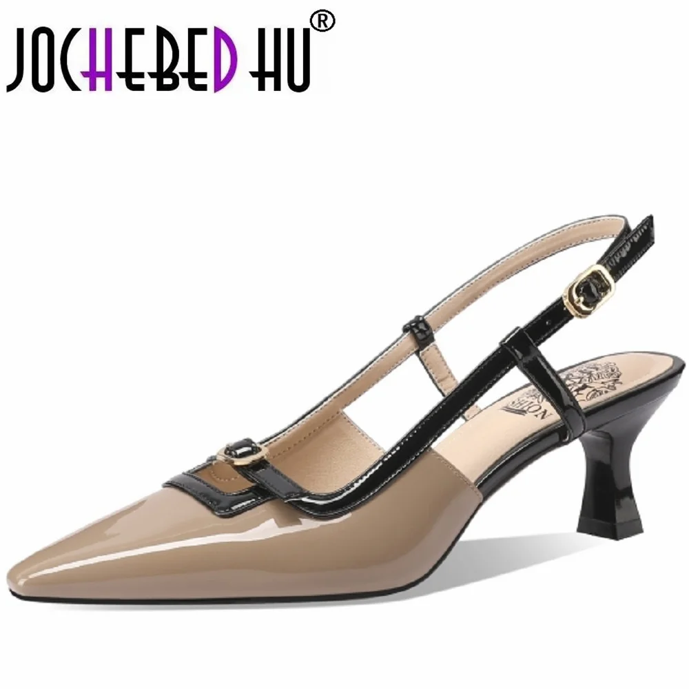 

【JOCHEBED HU】Casual Genuine Leather High Heels Mixed Colors Pointed Toe Shoes For Women Concise Sandals New Hot 33-43