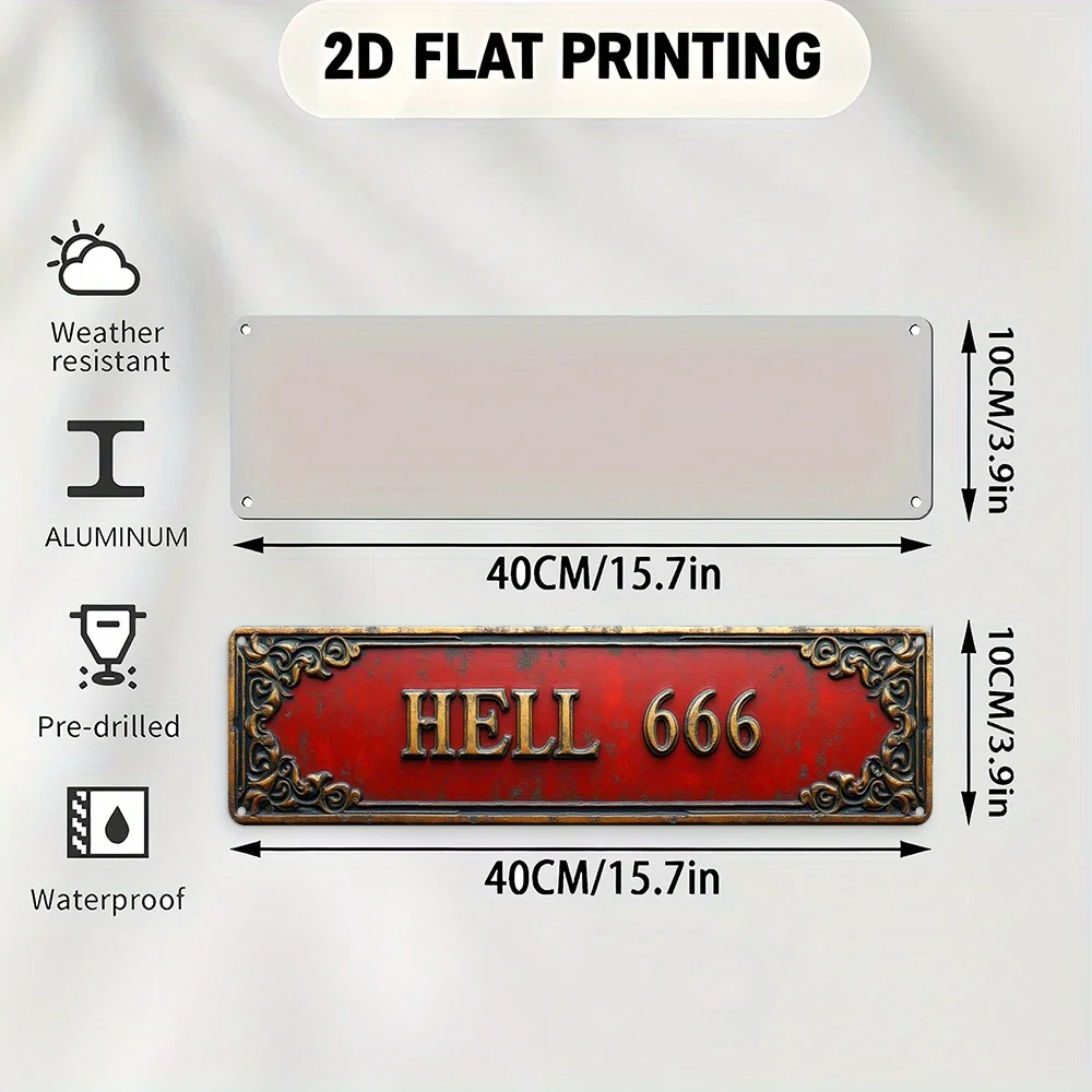 맞춤형 2D 프린트 알루미늄 사인 HELL 666 레드 골드 플로럴 테두리 빈티지 장식 (바, 차고, 집, 야외, 선물용)