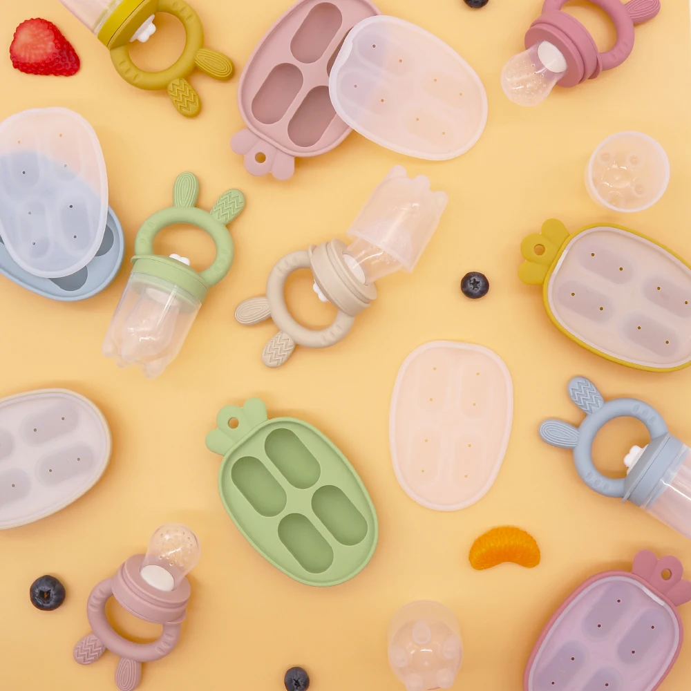 Baby Fruit Food Feeder & Mini Freezer Nibble Tray Combo, Breastmilk Popsicle Molds for Cooling Relief, BPA Free Silicone Feeder