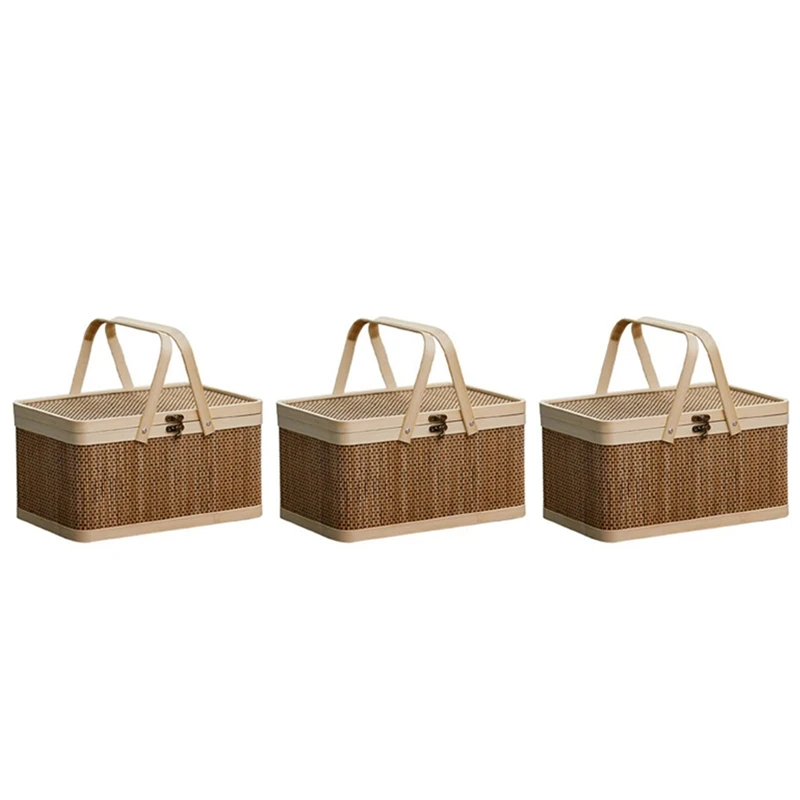 

3X Bamboo Basket Natural -Friendly Woven Basket Bamboo Picnic Basket With Lid Handheld Snacks Bread Storage Basket