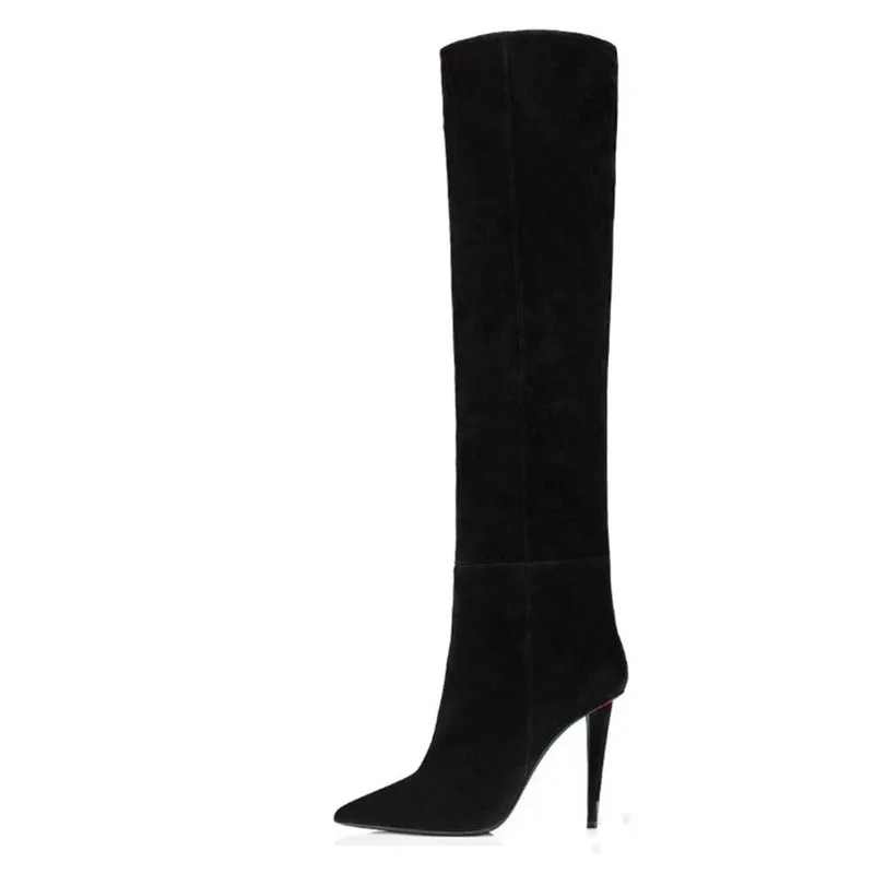 Classic Winter New Pointed Toe Suede Sewing Stiletto Knee High Boots Slip-On Sexy Designer Dress Party High Heels Shoes
