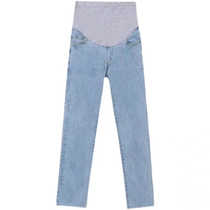 임산부용 얇은 데님 팬츠, 봄 여름 가을 아우터, 연청 스트레이트 레그 캐주얼 발목 기장 청바지
