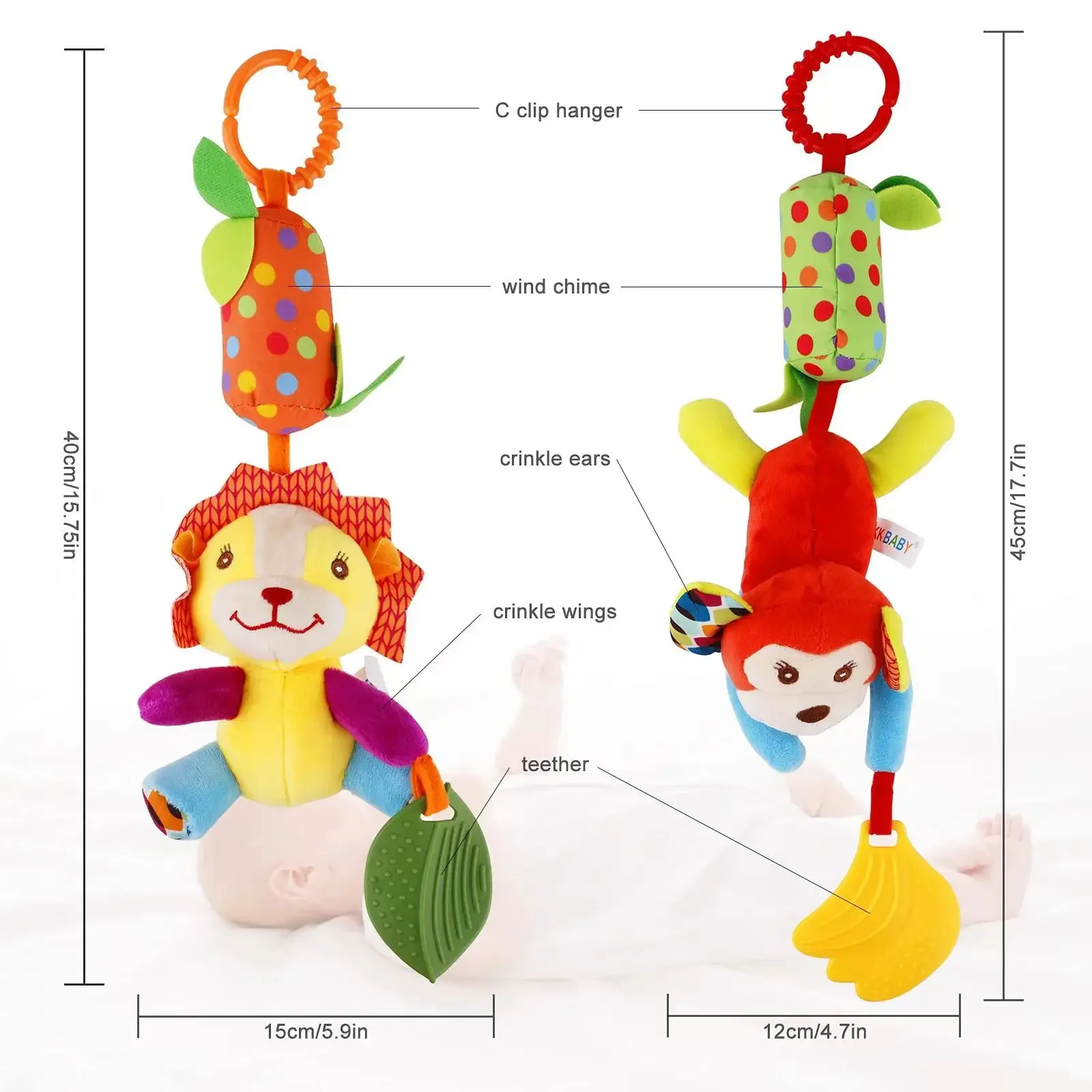Baby Soft Hanging Rattle Crinkle Squeaky Toy Pendant Rings Plush Animal Stroller Infant Trolley Car Bed Crib Hanging Wind Chimes 6