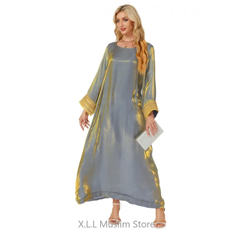 Shiny Muslim Dresses Fashion Modest Long Loose Abaya Dubai Turkey Kaftan Islamic Robe Clothes Women's Prayer Garment For Party