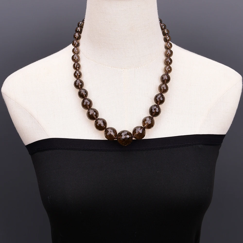 

G-G 21'' Natural Round Faceted Smoky Quartz Crystal Necklace Real Gems Stone Handmade Lady Jewelry Gift