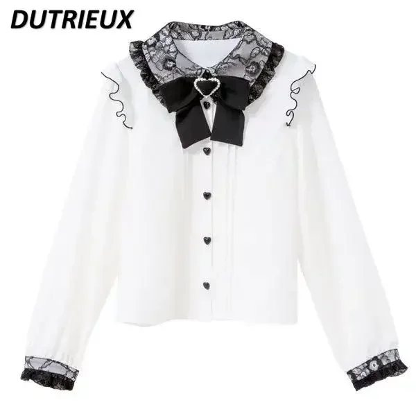 Japanese Style Rojita Lace Bow Puff Sleeve Shirts Women's Blouse Sweet Lace Lapel Button Up Shirt Top 2023 Spring/Summer Camisas
