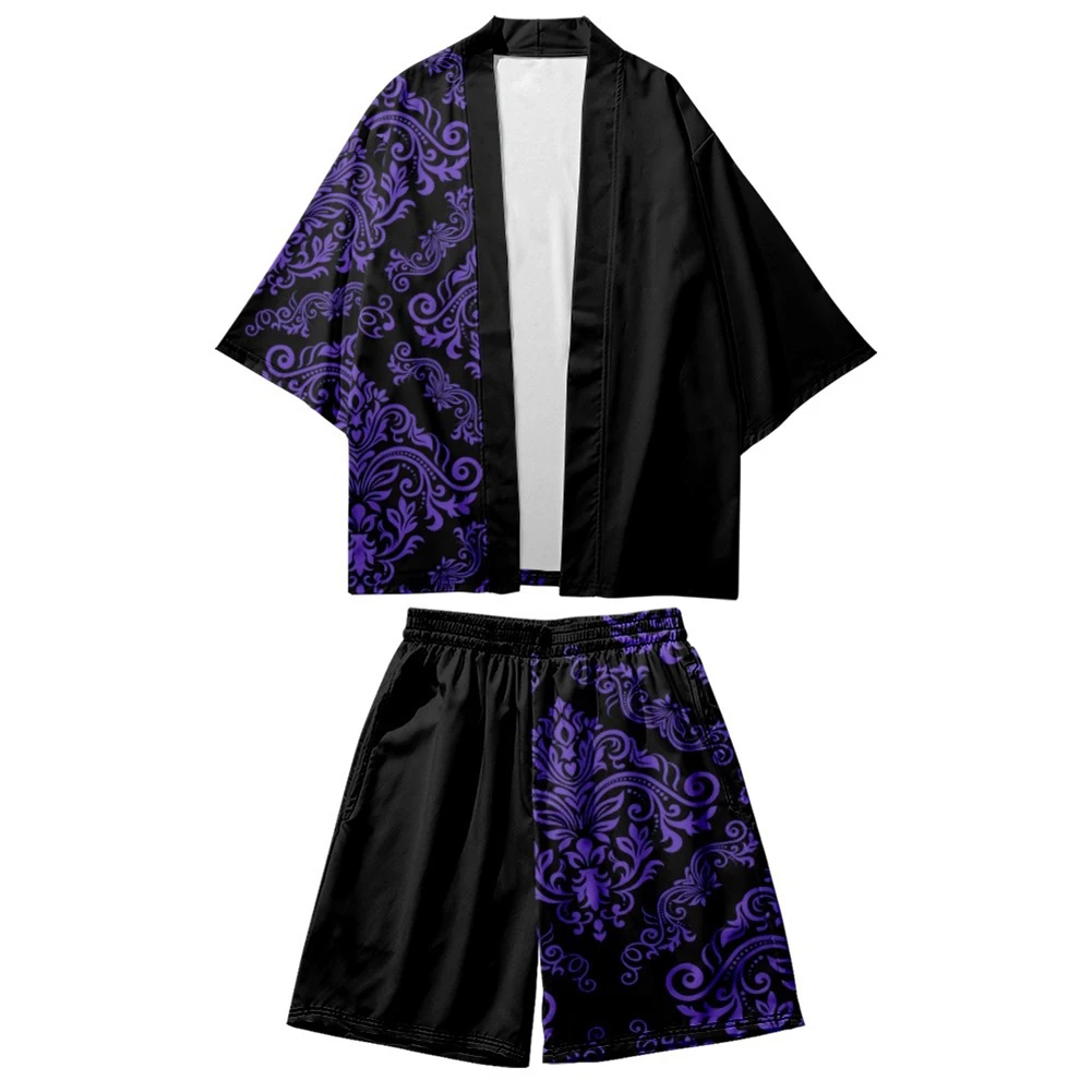

Summer Japanese Style Yukata Men Samurai Kimono Top Cropped Pants Outfit Harajuku