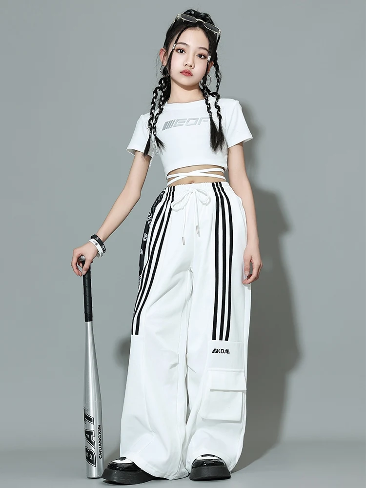 Kids Hip Hop Dance Clothes Girls White Tops Pants Jazz Practice Clothing Summer Short Sleeves Street Dance Outfit Rave BL12589