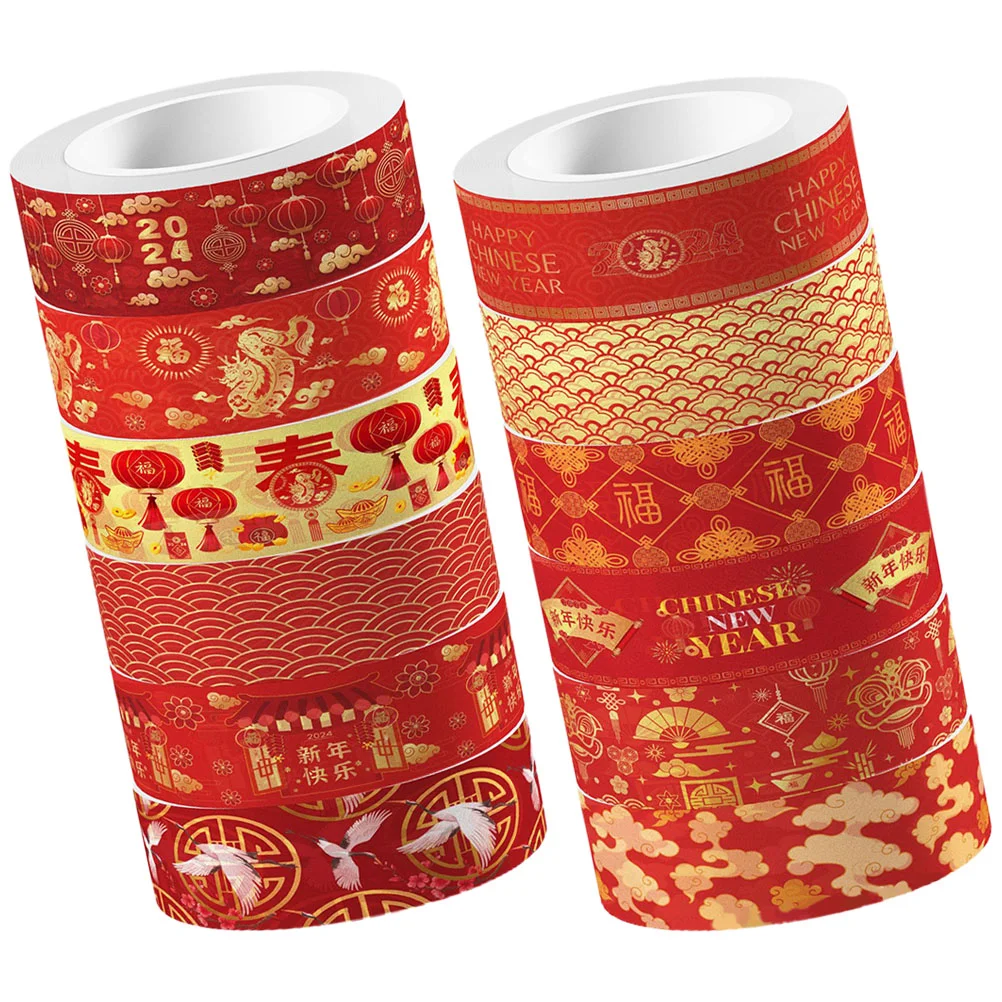 

12 Rolls Washi Tape Chinese New Year Style Red Set 2024 Spring Festival Tapes Diy Label Scrapbooking Dragon Decor