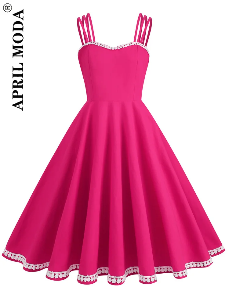 원피스  2023 우아한 빈티지 스윙 여름 드레스, 스파게티 스트랩, 레드 블랙 그린 핑크 블루 런웨이 미디 파티 드레스, 1950 년대 스타일 