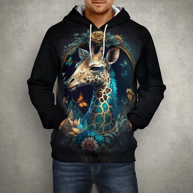Sudadera con capucha con estampado de jirafa y gato para hombre, divertida sudadera con capucha con estampado 3D de animales, de manga larga, informal, ropa de calle, sudaderas con capucha, sudadera h