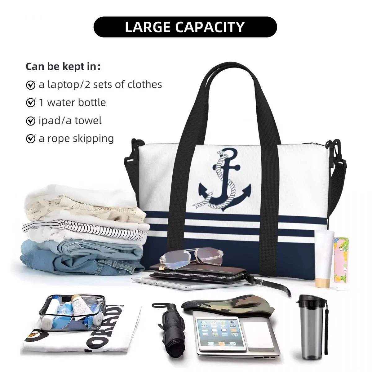 Nautical Blue Anchors With Blue And White Stripes Beach Tote Bag Extra Large Gym Carry On Navy Travel Shopping Bags